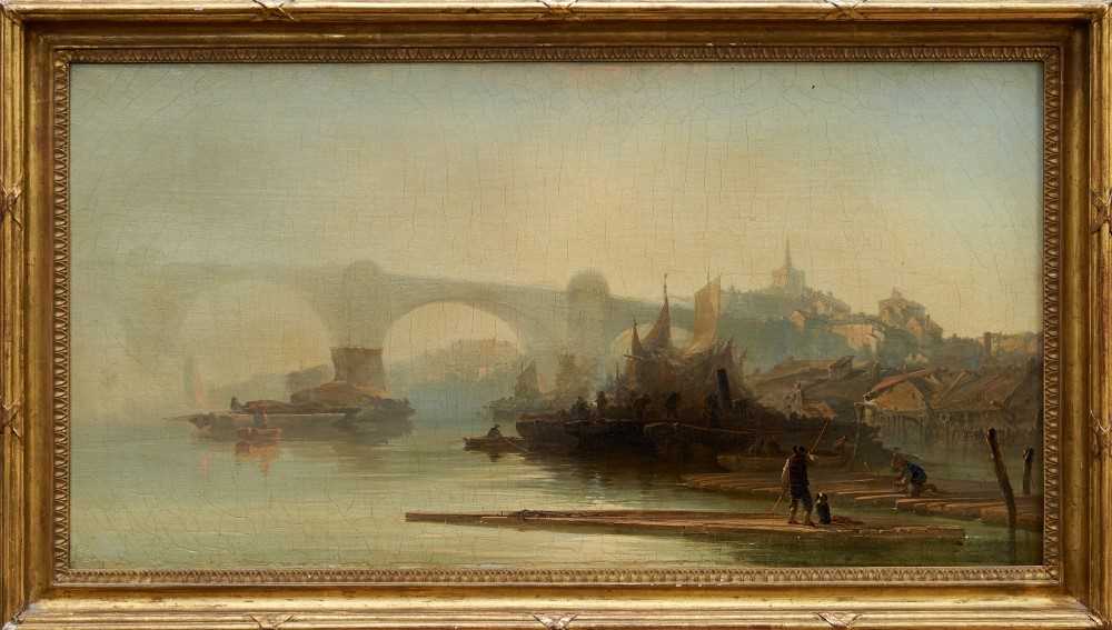Lot 968 - James Baker Pyne (1800-1870) oil on canvas - Rochester from the river, label verso, in gilt frame, 44cm x 84cm 
 Provenance: Christie’s 6th November 1997