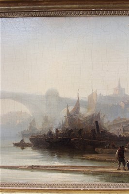 Lot 968 - James Baker Pyne (1800-1870) oil on canvas - Rochester from the river, label verso, in gilt frame, 44cm x 84cm 
 Provenance: Christie’s 6th November 1997