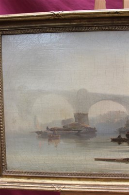 Lot 968 - James Baker Pyne (1800-1870) oil on canvas - Rochester from the river, label verso, in gilt frame, 44cm x 84cm 
 Provenance: Christie’s 6th November 1997