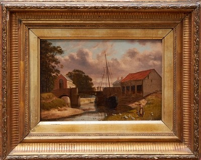 Lot 969 - J. Kennedy, 19th century oil on board - Barge in the Yeo, Barnstaple, signed and dated 1884, titled verso, in gilt frame, 20cm x 30cm