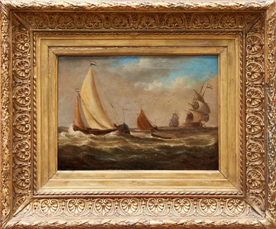 Lot 972 - 19th century Dutch school oil on canvas - shipping in squally seas, in gilt frame, 20cm x 27.5cm 
 Provenance: Christie’s South Kensington 6th November 1997