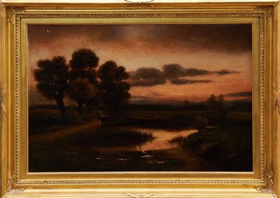 Lot 974 - 19th century English school oil on canvas - rural landscape at dusk, in gilt frame, 49cm x 75cm