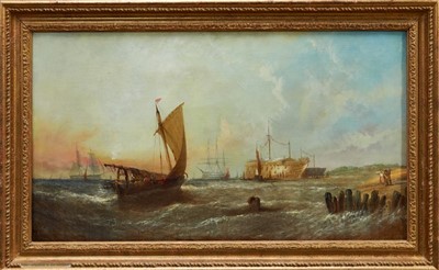 Lot 975 - William Callcott Knell (1830-1880) oil on canvas - shipping off the coast with a prison hulk beyond, signed, in gilt frame, 45cm x 80cm