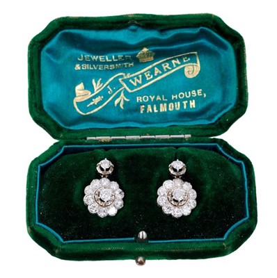 Lot 429 - Pair of Edwardian-style diamond cluster pendant earrings