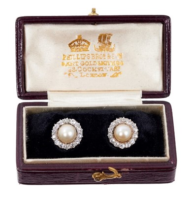 Lot 430 - Pair of natural pearl and diamond cluster earrings