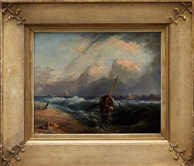 Lot 979 - 19th English school oil on board - fishing boat coming into shore, in gilt frame, 23cm x 29cm