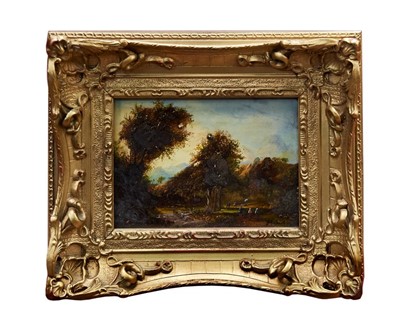 Lot 980 - 19th century - style oil on panel - wooded landscape, indistinctly signed, in gilt frame, 13cm x 18cm