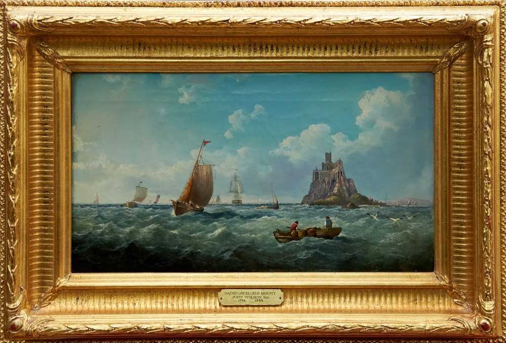 Lot 981 - Jock Wilson (1774-1855) oil on canvas shipping before St Michaels Mount, signed, in gilt frame, 25cm x 45cm