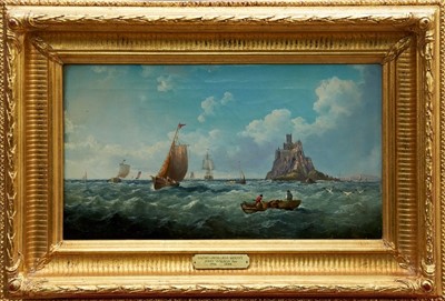 Lot 981 - Jock Wilson (1774-1855) oil on canvas shipping before St Michaels Mount, signed, in gilt frame, 25cm x 45cm