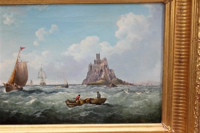 Lot 981 - Jock Wilson (1774-1855) oil on canvas shipping before St Michaels Mount, signed, in gilt frame, 25cm x 45cm