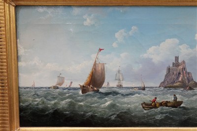 Lot 981 - Jock Wilson (1774-1855) oil on canvas shipping before St Michaels Mount, signed, in gilt frame, 25cm x 45cm