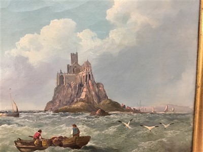 Lot 981 - Jock Wilson (1774-1855) oil on canvas shipping before St Michaels Mount, signed, in gilt frame, 25cm x 45cm