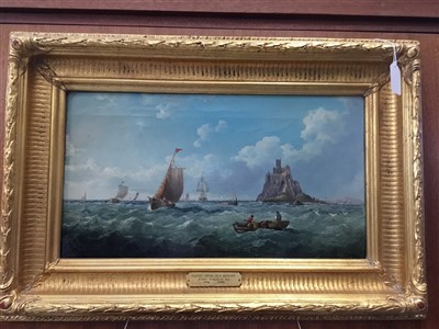 Lot 981 - Jock Wilson (1774-1855) oil on canvas shipping before St Michaels Mount, signed, in gilt frame, 25cm x 45cm