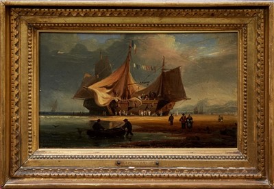 Lot 982 - Carl Kuwasseg (1802-1877) oil on canvas - French shipping and fisherfolk on the shore, signed, in gilt frame, 18cm x 31cm