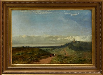 Lot 984 - 19th century English school oil on canvas - cattle and herder in extensive landscape, indistinctly signed, in gilt frame, 37cm x 55cm