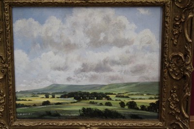 Lot 986 - Michael Morris (b.1928) oil on canvas - Clouds over the Sussex Downs, signed, in gilt frame, 20.5cm x 25.5cm 
 Provenance: Christopher Cole Fine Paintings, Henley on Thames