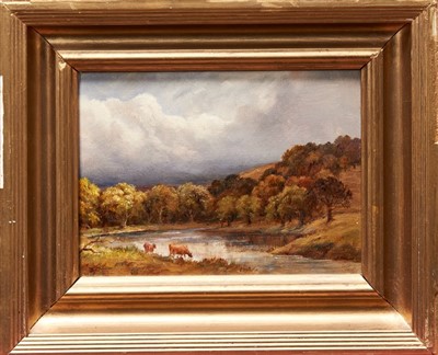 Lot 987 - Late 19th century English school oil on canvas - cattle watering on a Welsh river, initialled, in gilt frame, 15.5cm x 20.5cm