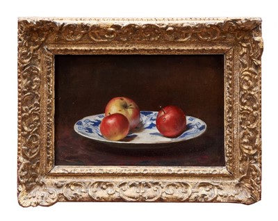 Lot 988 - Late 19th century English school oil on canvas laid on panel - still life of apples on a Chinese plate, in gilt frame, 21cm x 31cm 
 Provenance: Christie’s 8th October 1992