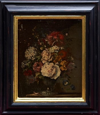 Lot 989 - Pair of late 19th century oil on canvas - still life of summer flowers in urns, in gilt and ebonised frames, 29cm x 24cm