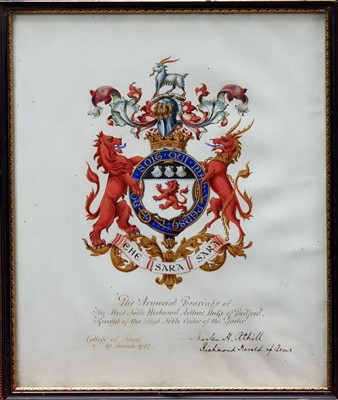 Lot 990 - Edwardian watercolour and gold paint armorial for Arthur, Duke of Bedford, dated 1902 and signed by Charles Athill the Richmond Herald of Arms, in glazed frame, 30cm x 25cm