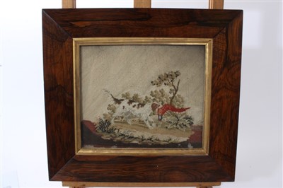 Lot 947 - Victorian needlework panel depicting a spaniel with dead pheasant, in rosewood frame, 18cm x 22cm