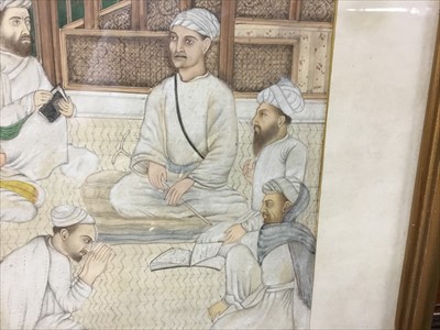 Lot 101 - 19th century Eastern watercolour and gouache depicting an elder with figures gathered around, 28cm x 18cm, together with a group of four decorative Indo-Persian