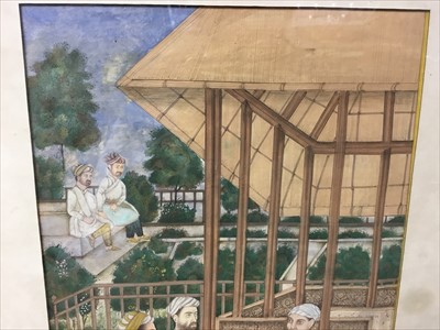 Lot 101 - 19th century Eastern watercolour and gouache depicting an elder with figures gathered around, 28cm x 18cm, together with a group of four decorative Indo-Persian