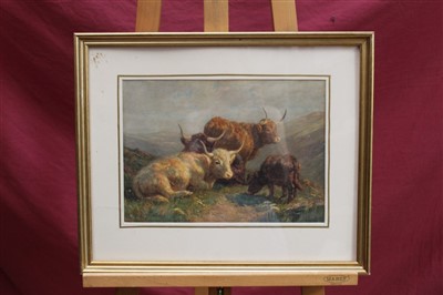 Lot 1045 - William R. C. Watson (fl.1890-1898) watercolour - Highland cattle in a mountainous landscape, signed, in glazed gilt frame, 26cm x 36cm