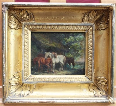 Lot 1047 - Attributed to James Ward (1769-1859) oil on panel - horses before a stable, in original gilt frame, 13cm x 15cm