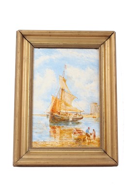 Lot 1049 - William J.J.C. Bond (1833-1926) oil on panel - a coastal scene with a fishing vessel, a figure on the foreshore, signed in gilt frame, 22cm x 16cm