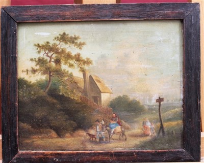 Lot 1050 - Early 19th century oil on panel - travellers on a track with a farmhouse beyond, in painted frame, 19cm x 23cm