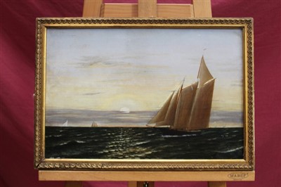 Lot 1052 - 19th century American school oil on canvas - a seascape with a two masted schooner under full sail, indistinctly signed, in gilt frame, 30cm x 45cm