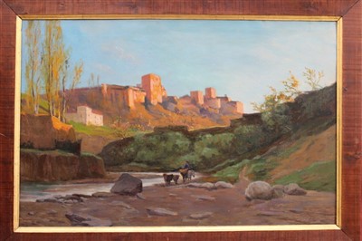 Lot 1087 - Early 20th century Continental school oil on canvas - an Eastern scene with a figure and donkeys beside a river, indistinctly signed, in wooden frame, 63cm x 98cm