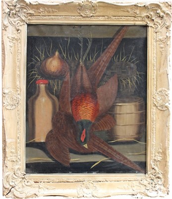 Lot 1088 - Pair of early 19th century naive school oils on canvas - larder interiors with dead pheasant and hare, in original gilt frames, 59cm x 45cm