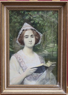 Lot 1090 - Henry Marchal (1878-1942) pastel - a pretty young lady reading a book in a woodland setting, in gilt frame, 40cm x 27cm