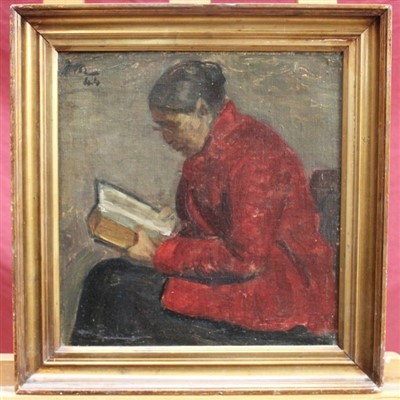 Lot 1091 - Publio Morbiducci (1889-1963) oil on canvas - an old lady reading a book, signed and dated ‘44, in gilt frame, 33cm x 30cm