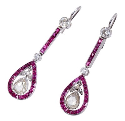 Lot 465 - Pair of ruby and diamond pendant earrings