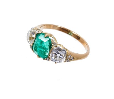 Lot 471 - Emerald and diamond three stone ring, emerald 1.71cts, estimated total diamond weight 1.70cts