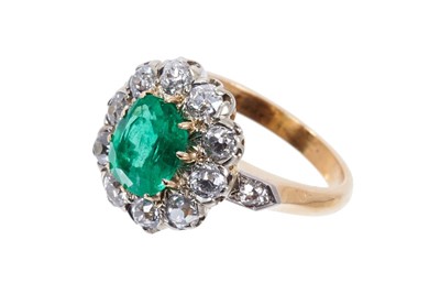 Lot 472 - Emerald and diamond cluster ring, emerald 1.39cts, estimated total diamond weight 1.10cts