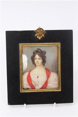 Lot 745 - English School, circa 1830, miniature - lady with scarlet sash