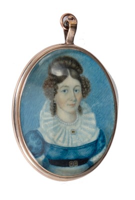 Lot 762 - 19th century English School, portrait miniature on ivory of a lady with blue dress and lace ruff