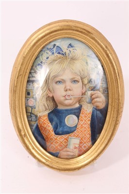 Lot 751 - Margaret Ryder (20th century) miniature portrait - Blowing Bubbles