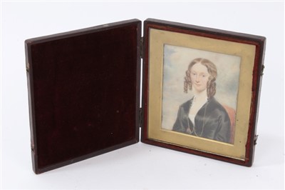 Lot 758 - English School, circa 1820, miniature portrait on ivory of a lady with black dress and ringlets