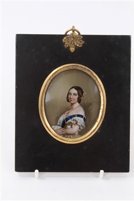 Lot 742 - 19th century hand coloured reverse print on glass of Queen Victoria, oval 6 x 5cm