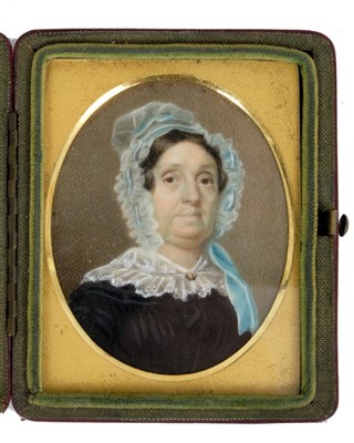 Lot 764 - English School, circa 1830, portrait of a lady with lace bonnet