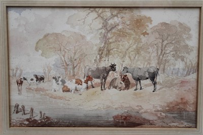 Lot 1093 - John Frederick Herring (1815 - 1907), pair of watercolours - cattle at rest beside a river, dated 1842 and plough horses at rest, dated 1849, both signed, in glazed frames, 18.5cm x 28.5cm