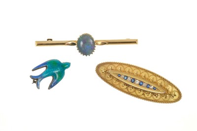 Lot 485 - Victorian sapphire and diamond oval brooch, opal triplet bar brooch, Edwardian enamel brooch