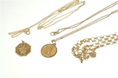 Lot 458 - Two gold (9ct) St. Christopher pendants and three chains