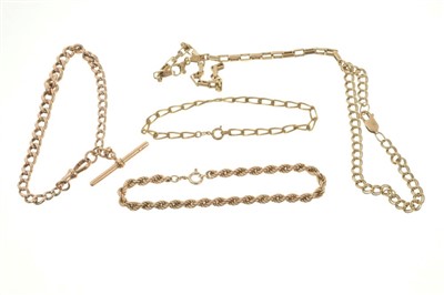 Lot 468 - Rose gold (9ct) Albert chain bracelet, together with four other gold / yellow metal bracelets