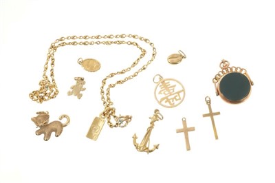 Lot 469 - Gold (9ct) chain with pendant, gold (9ct) charms, gold (9ct) fob, gold (14k) Chinese symbol pendant